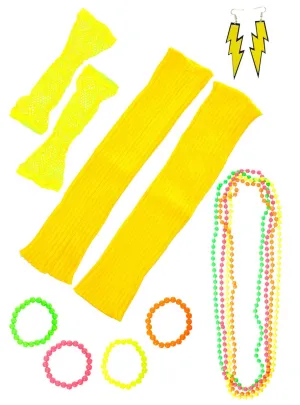 Neon Yellow 11 Piece 1980s Costume Accessory Set