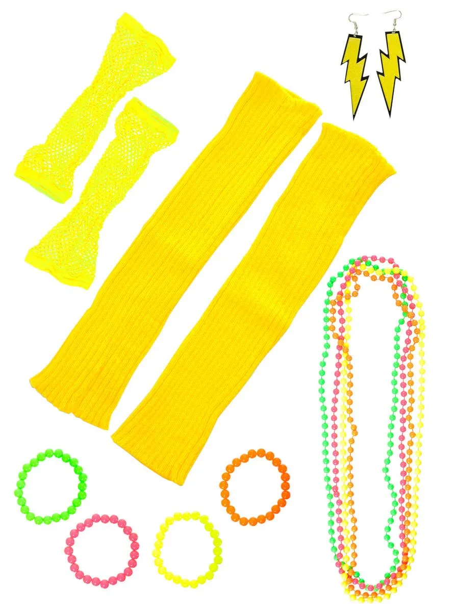 Neon Yellow 11 Piece 1980s Costume Accessory Set