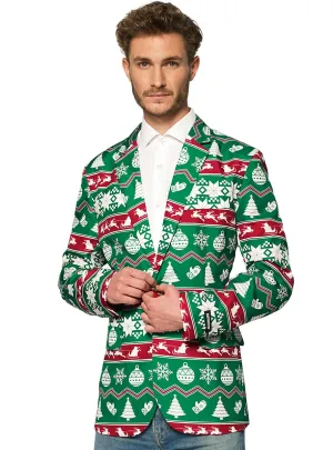 Nordic Print Mens Green Christmas Costume Jacket