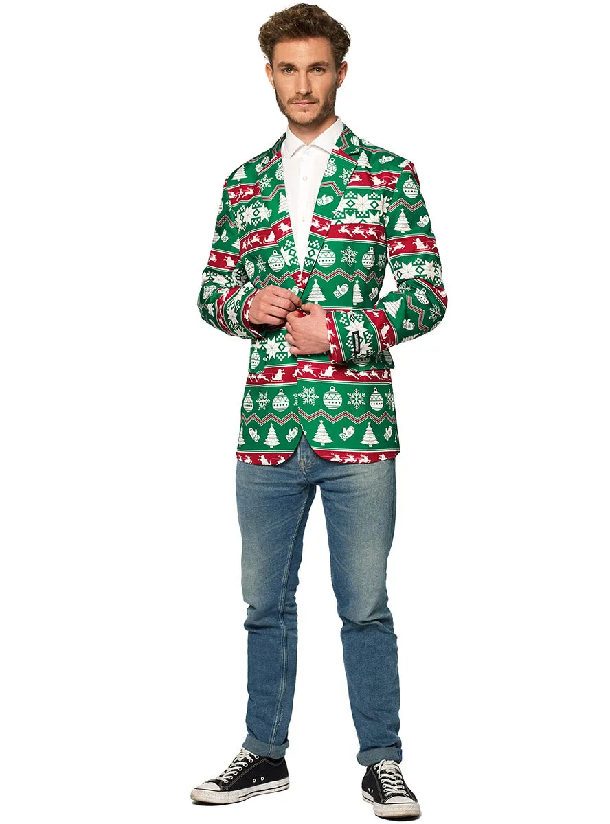 Nordic Print Mens Green Christmas Costume Jacket