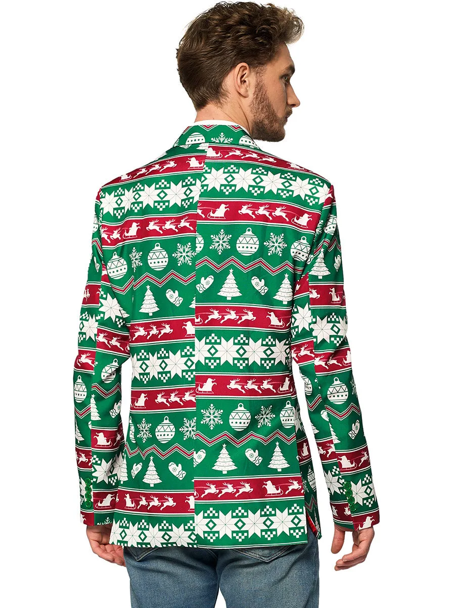 Nordic Print Mens Green Christmas Costume Jacket