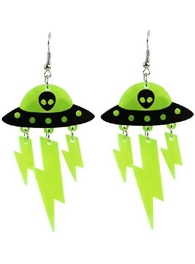 Novelty Green Alien Spaceship Earrings