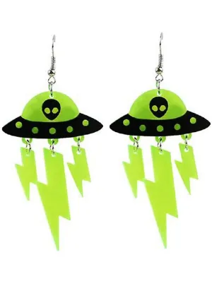 Novelty Green Alien Spaceship Earrings