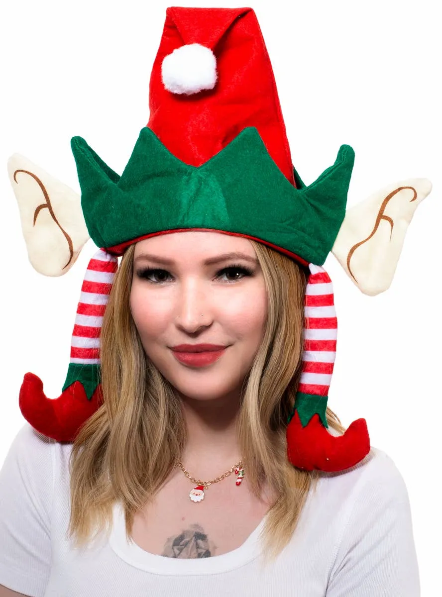 Novelty Red and Green Elf Hat with Ears and Legs