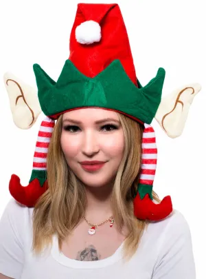 Novelty Red and Green Elf Hat with Ears and Legs
