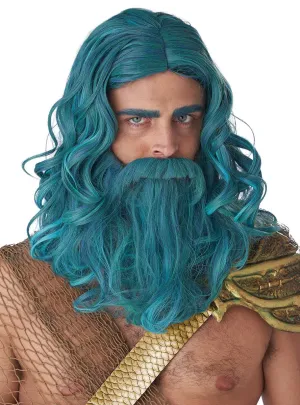 Ocean King Mens Sea Blue Costume Wig and Beard Set