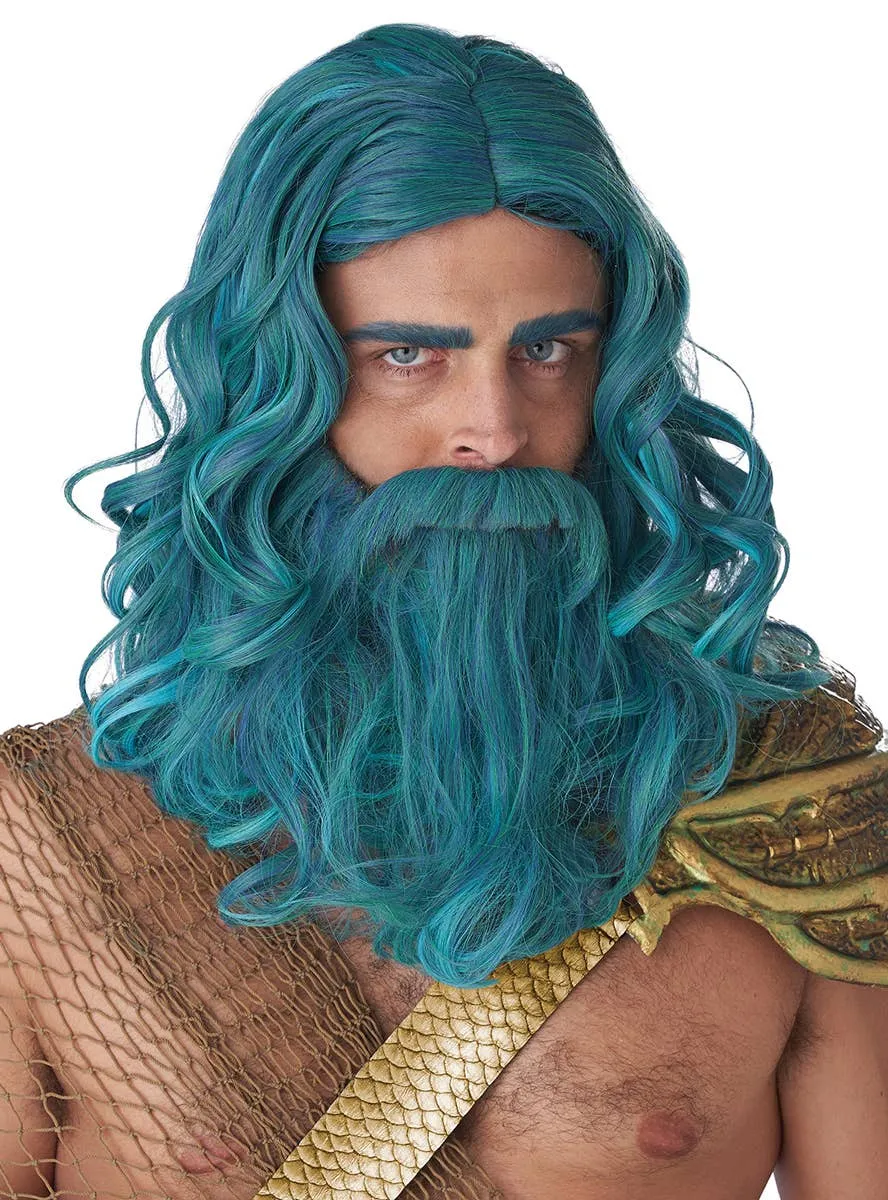 Ocean King Mens Sea Blue Costume Wig and Beard Set
