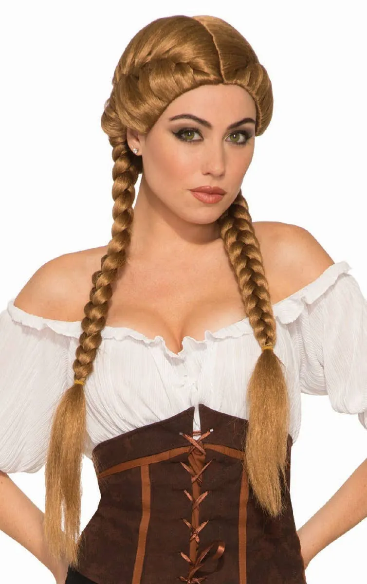 Oktoberfest Beer Maid Womens Brown Braided Costume Wig