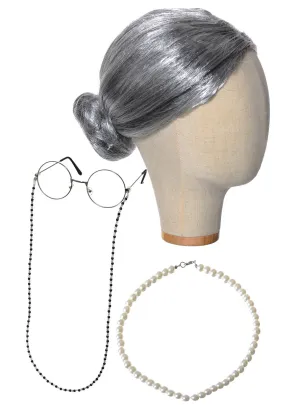 Old Lady Girls Wig Glasses And Necklace Costume Accessory Set