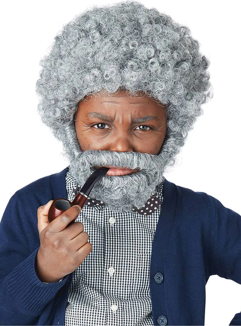 Old Man Boys Curly Grey Grandpa Wig and Beard Set