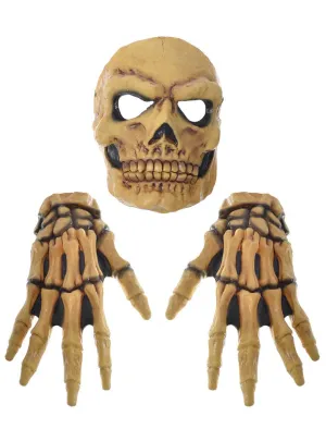 Old Skull Mask with Skeleton Hands Scary Halloween Set