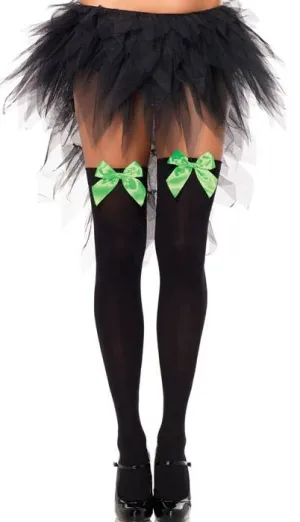 Opaque Black Thigh High Stockings with Green Satin Bows