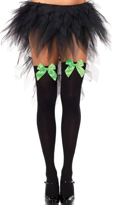 Opaque Black Thigh High Stockings with Green Satin Bows