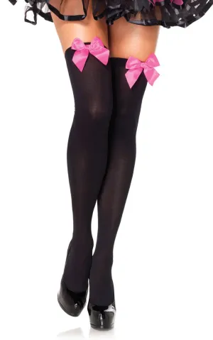 Opaque Black Thigh High Stockings with Pink Satin Bows