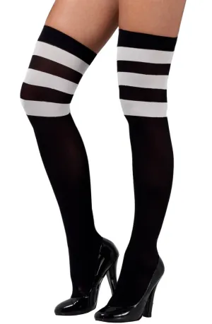 Opaque Black Thigh High Stockings with White Stripes