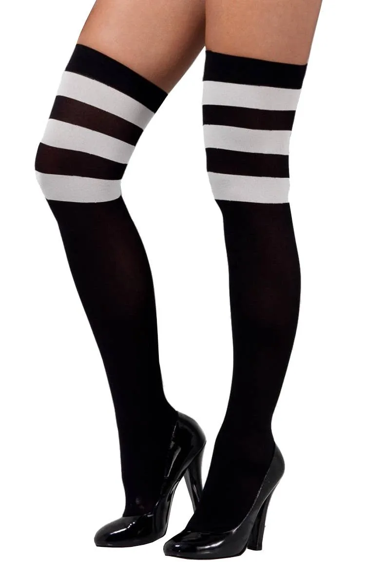 Opaque Black Thigh High Stockings with White Stripes