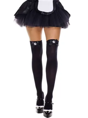 Opaque Black Thigh High Womens Stockings with Cameo Bow