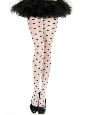 Opaque White Full Length Stockings with Black Polka Dots