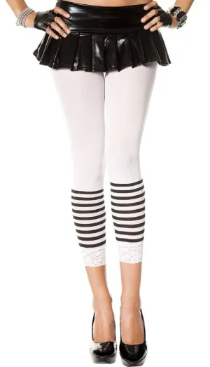 Opaque White Leggings with Stripes and Lace Trim