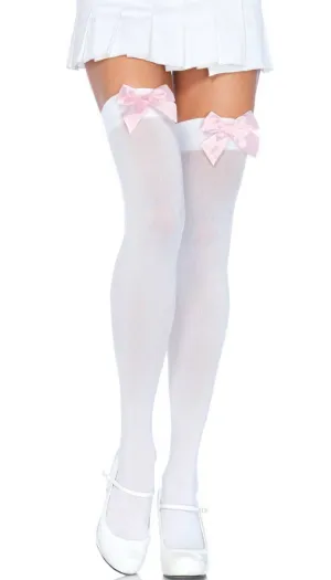 Opaque White Thigh High Stockings with Light Pink Satin Bows