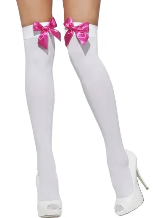Opaque White Thigh Highs with Hot Pink Bows