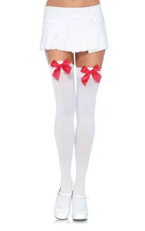 Opaque White Thigh Highs with Red Satin Bows