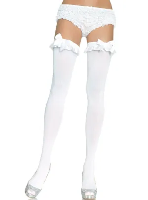 Opaque White Thigh Highs with Ruffle Top and Satin Bow