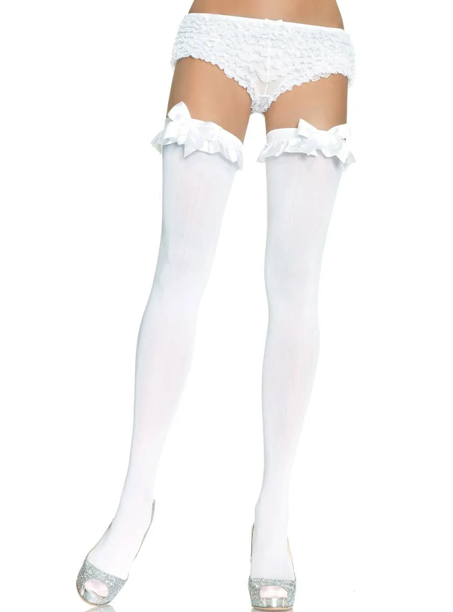 Opaque White Thigh Highs with Ruffle Top and Satin Bow
