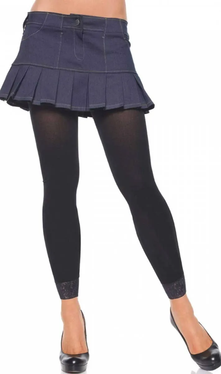 Opaque Womens Black Footless Tights with Lace Trim