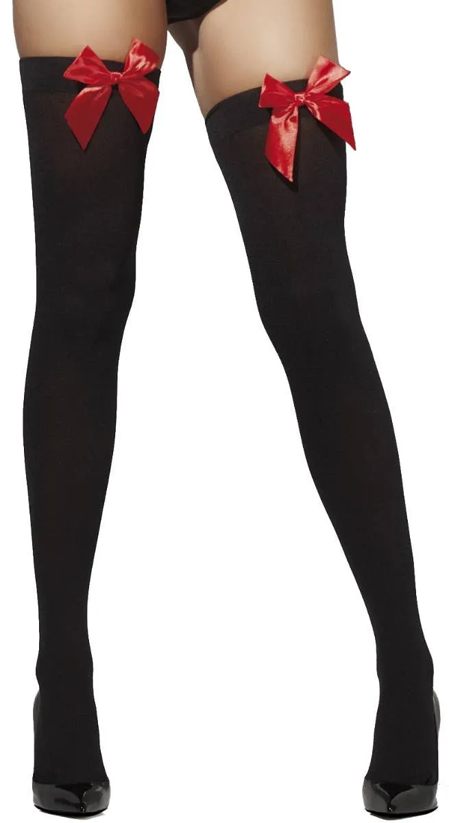 Opaque Womens Black Thigh High Stockings With Red Bows