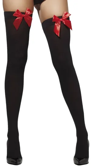 Opaque Womens Black Thigh High Stockings With Red Bows