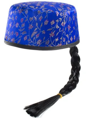Oriental Blue Brocade Costume Hat with Black Plait