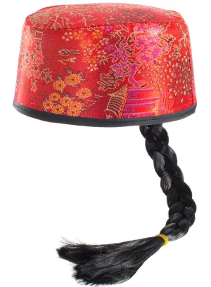 Oriental Red Brocade Costume Hat with Black Plait