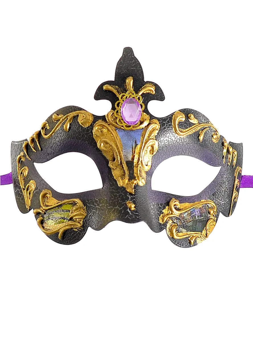 Ornate Black and Purple Crackle Baroque Masquerade Mask