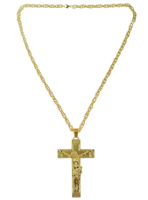 Ornate Gold Metal Jesus Crucifix Costume Necklace