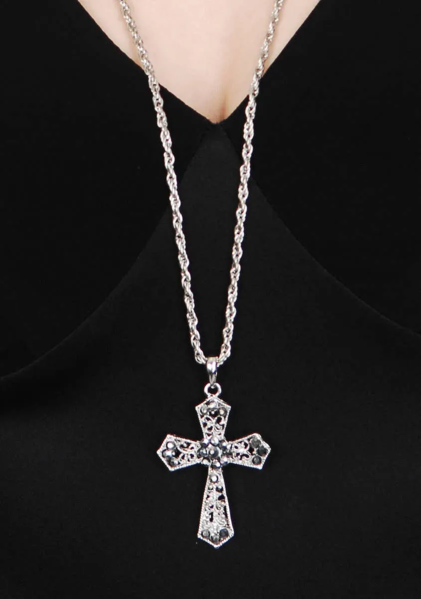 Ornate Silver Crucifix Halloween Necklace