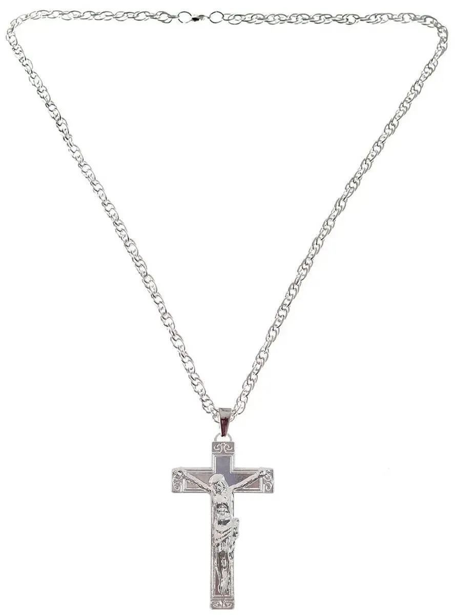 Ornate Silver Metal Jesus Crucifix Costume Necklace