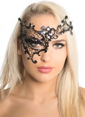 Over the Eye Black Filigree Metal Masquerade Mask with Rhinestones