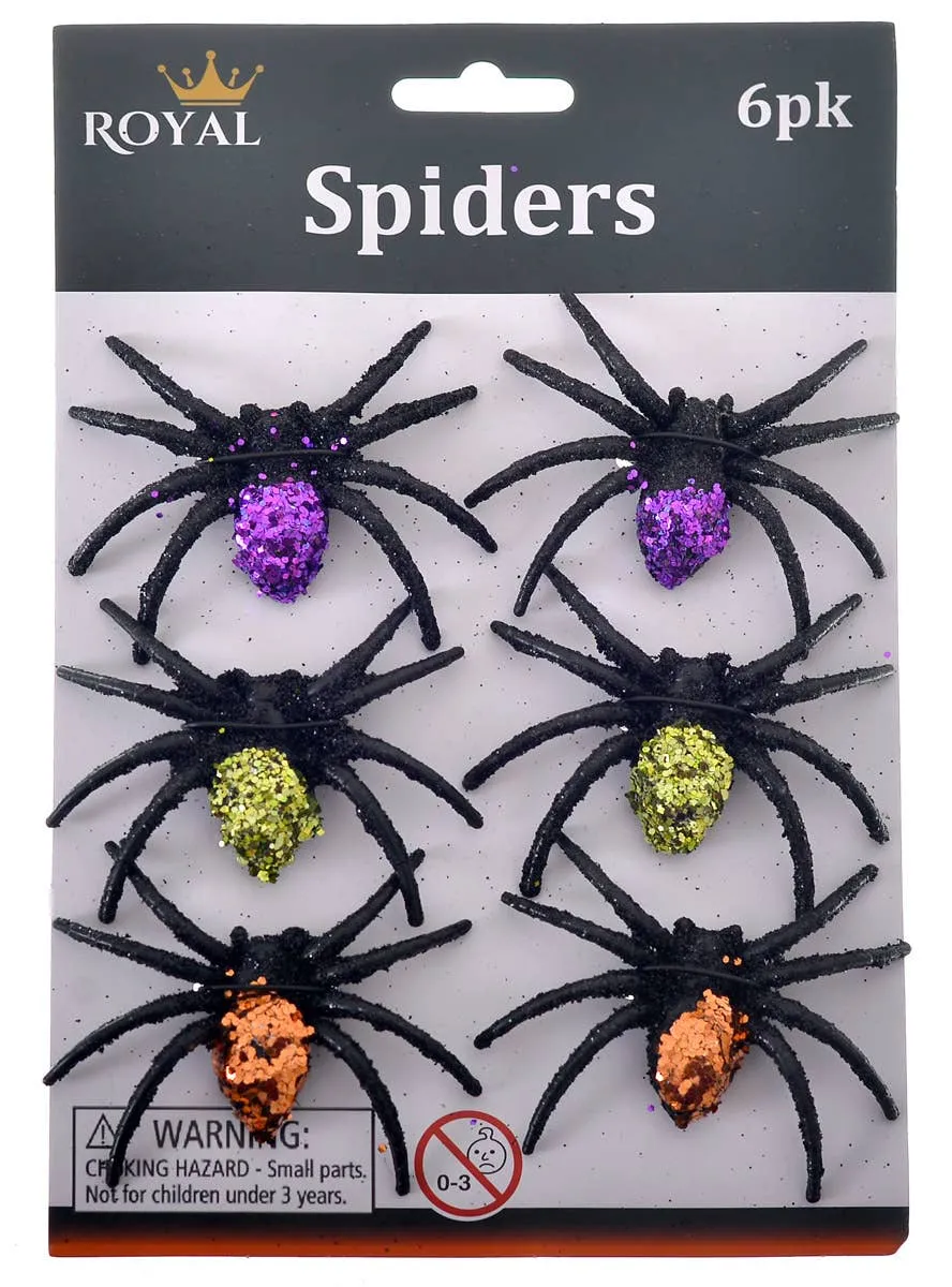 Pack of 6 Colourful Glitter Spiders Halloween Decoration