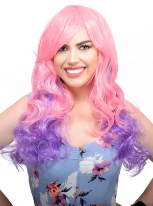 Paige Pink and Purple Long Curly Womens Costume Wig