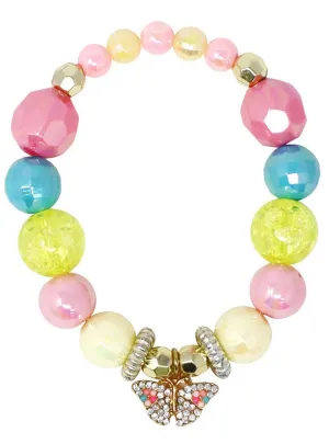 Pastel Beaded Costume Bracelet with Rhinestone Butterfly Charm