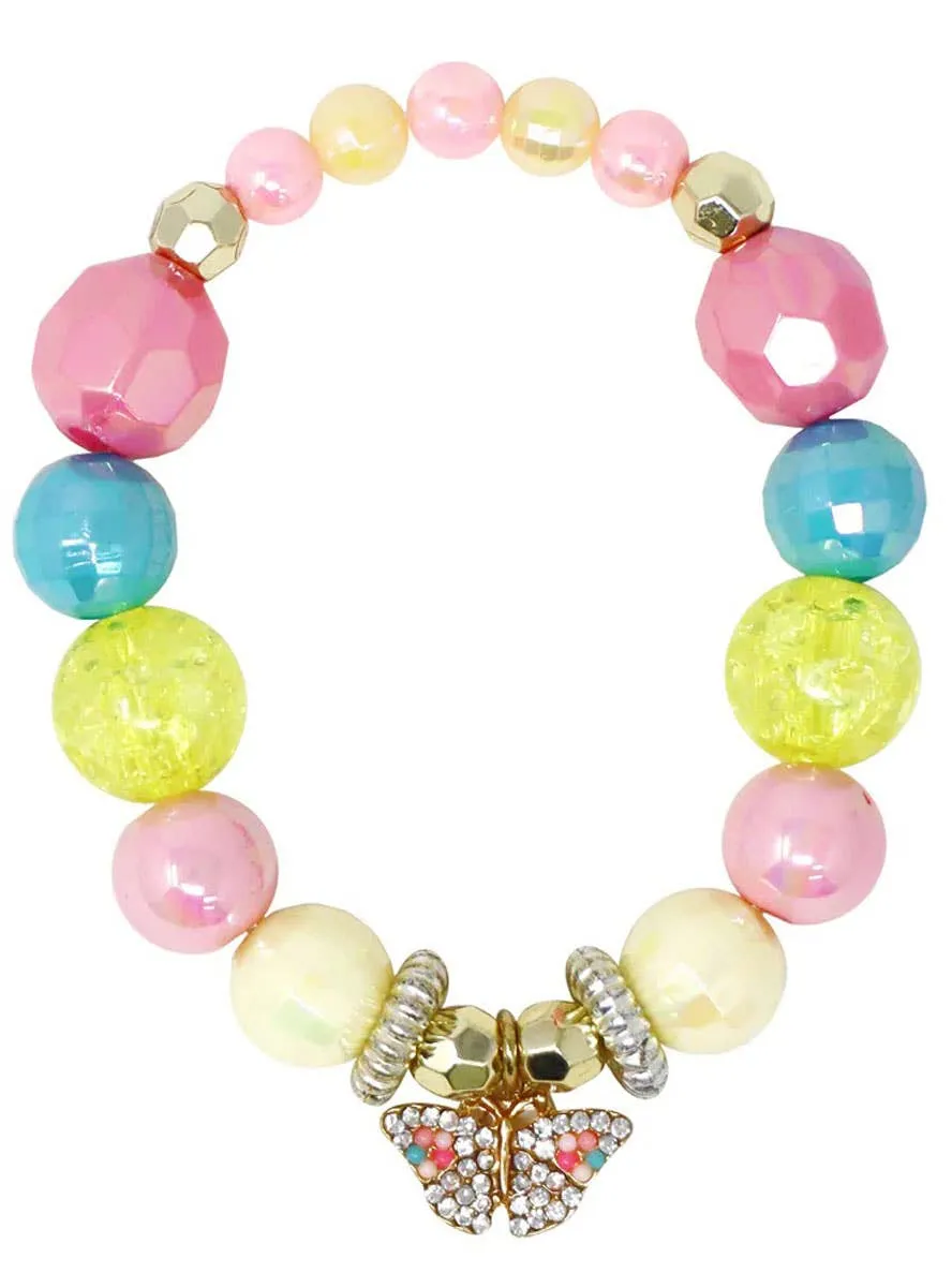 Pastel Beaded Costume Bracelet with Rhinestone Butterfly Charm