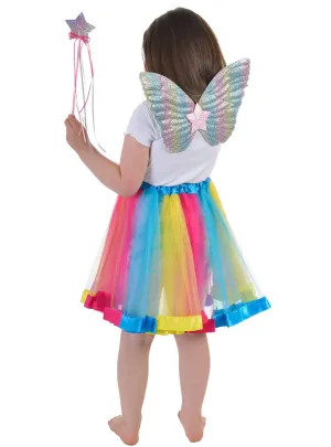 Pastel Rainbow Girls Fairy Wings and Wand Costume Set