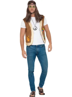 Peace Out 1960s Mens Brown Faux Fur Trimmed Hippie Costume Vest