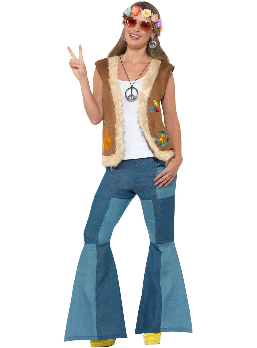 Peace Out 1960s Womens Brown Faux Fur Trimmed Hippie Costume Vest