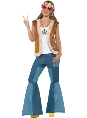 Peace Out 1960s Womens Brown Faux Fur Trimmed Hippie Costume Vest