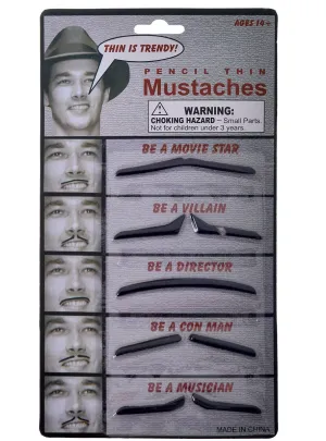 Pencil Thin Black Stick On Costume Moustache Set of 5
