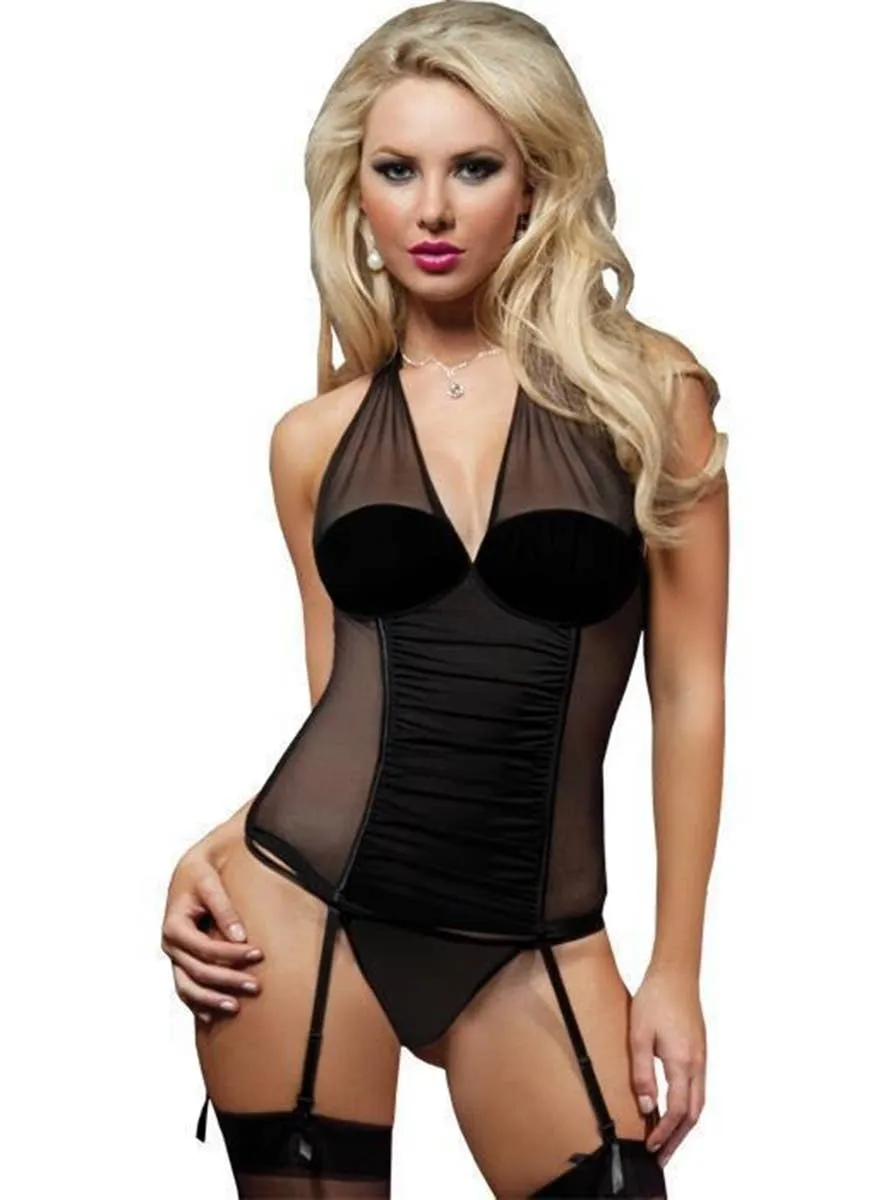 Perfectly Glamorous Womens Sexy Black Mesh Overlay Corset Top