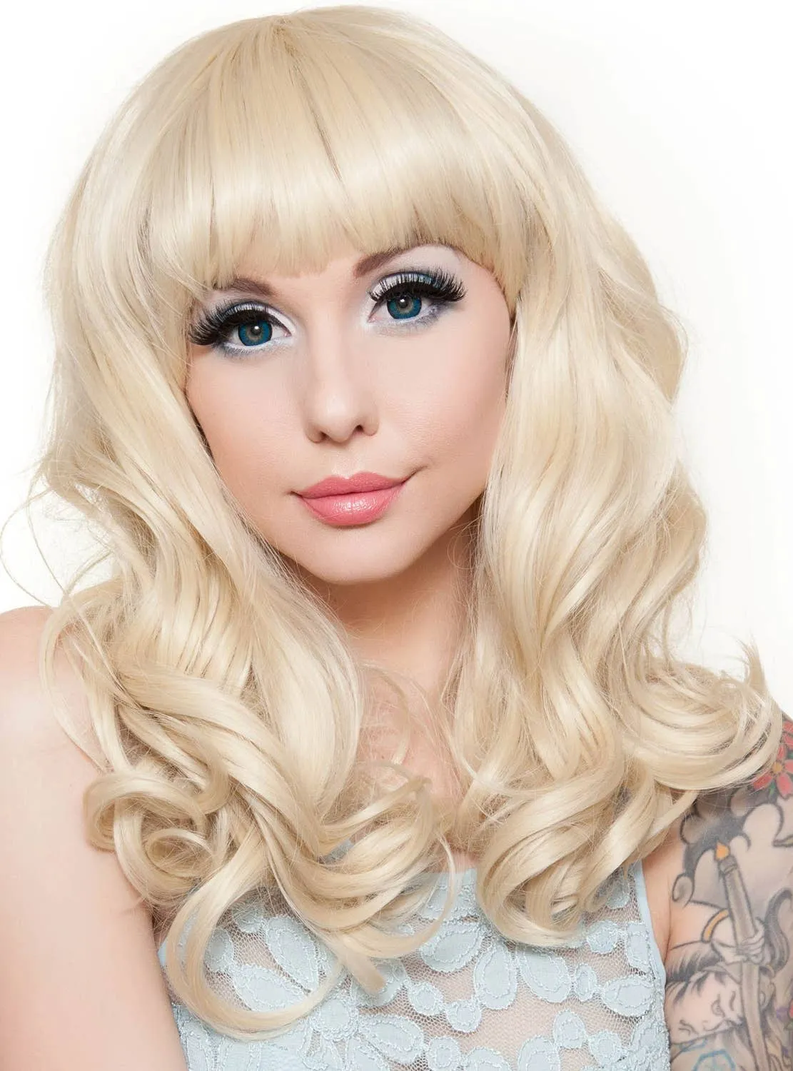 Pin Up Curly Blonde Womens Fashion Wig with Bangs