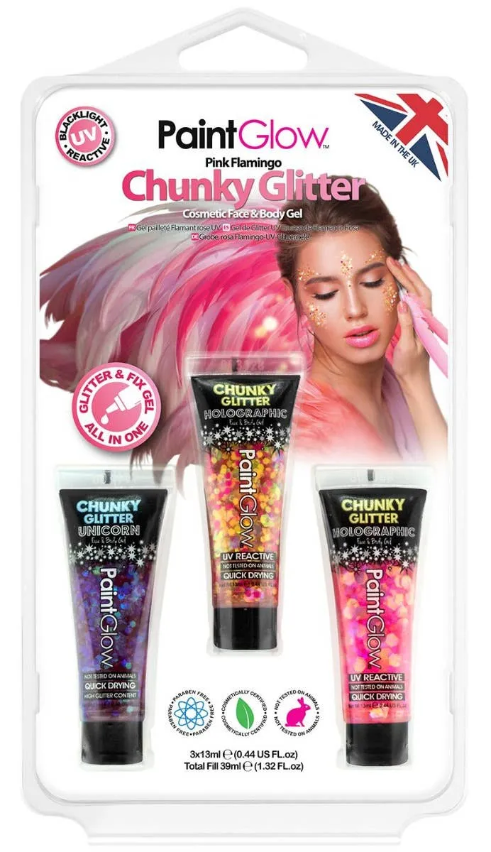 Pink Flamingo UV Reactive Chunky Glitter Gel Makeup - 3 Pack